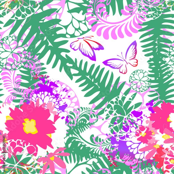 Fototapeta The seamless background is beautiful graphic flowers. Vector illustration