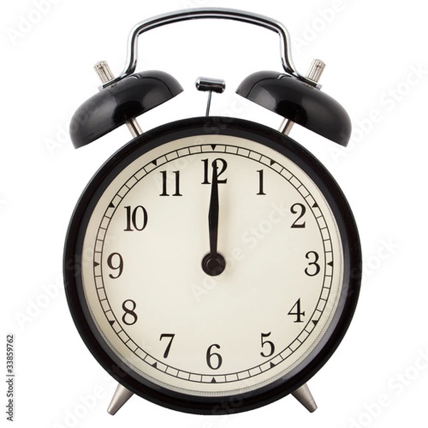 Fototapeta Old Alarm Clock in black and white, showing twelve o'clock.