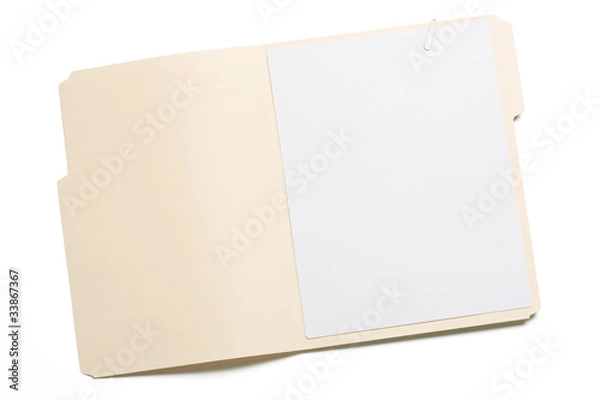 Fototapeta Opened file folder with white paper inside isolated on whtie