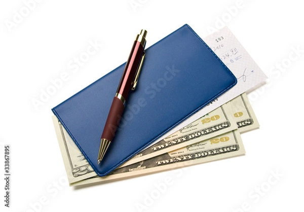 Fototapeta Check book with pen and stack of US dollar bills on white background