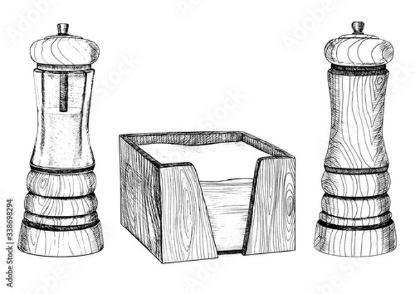 Obraz Salt, pepper, and a napkin holder. Wood texture. Kitchen utensils. Serving. Graphics. Engraving. Hand drawn