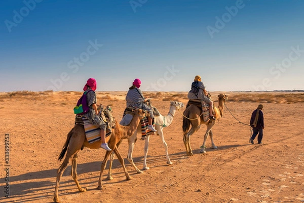 Fototapeta three people in Berber national robes on camel guided camels