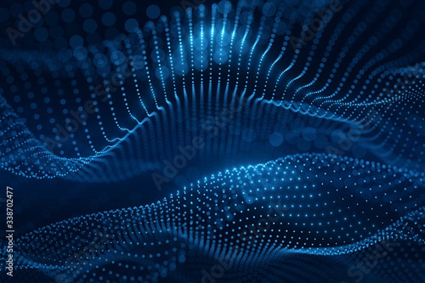 Obraz Moving neon blue dots pattern forming a digital network connection on dark background