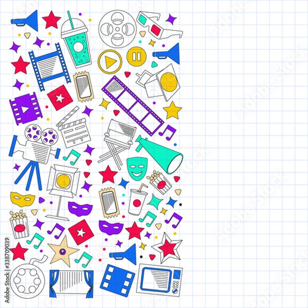 Fototapeta Cinema, video. Doodle set of vector icons. Megaphone, camera, movie. Musical theathre, entertaiment.