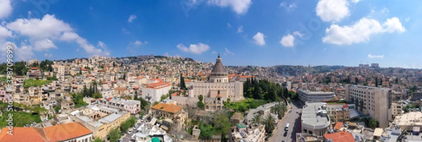 Obraz Aerial panoramic image of the Basilica of the Annunciation over the old city houses of Nazareth