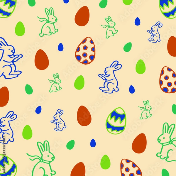 Fototapeta Doodle light orange background with rabbits and easter eggs in pastel tones.