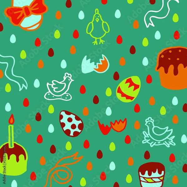 Fototapeta Doodle dark green background with chicken, easter eggs, ribbons, easter cakes, eggshell. Colorful drawing.