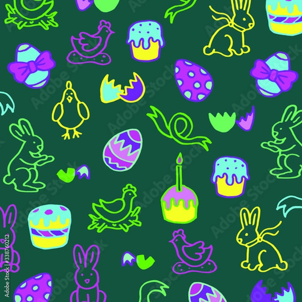 Fototapeta Doodle dark green background with rabbits, chicken, easter eggs, ribbons, easter cakes, eggshell. Fluorescent colors.