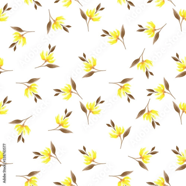 Fototapeta Seamless pattern with cute yellow flower branches with leaves in watercolor style on white background.