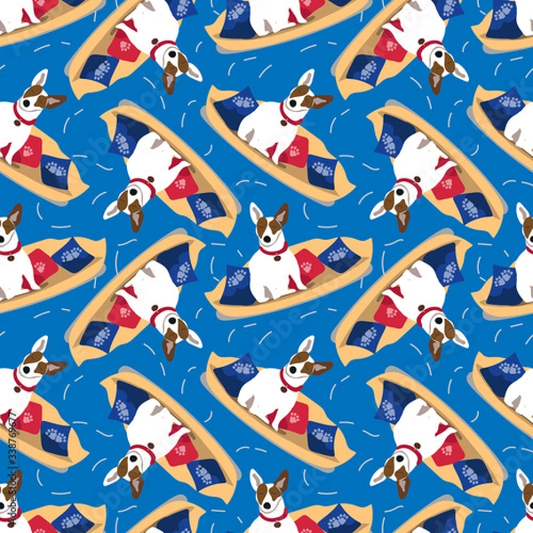 Fototapeta Seamless pattern with cute hand drawn dogs on the pillows. Trendy scandinavian stock illustration background. Perfect for kids apparel,fabric, textile, nursery decoration,wrapping paper and ets