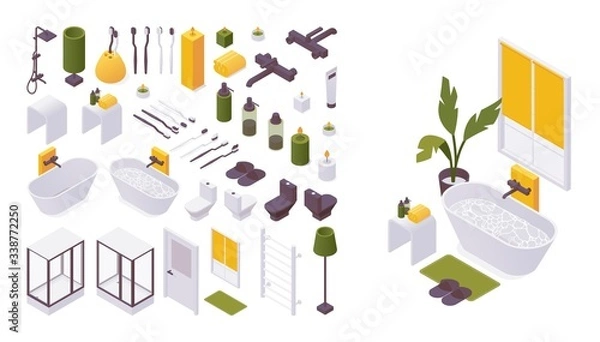Fototapeta Isometric 3d bathroom furniture and accessories collection. Bathtub, faucet, window and toilet bowl in various foreshortening and colors. Set good for hotel and home design