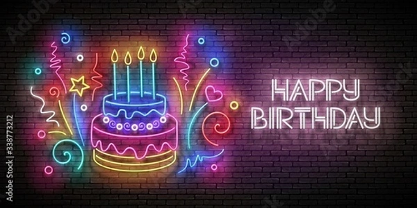 Fototapeta Glow Greeting Card with Cake, Candles, Confetti and Happy Birthday Inscription