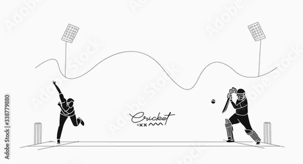 Fototapeta Abstract flat line pattern with batsman and bowler playing cricket championship background.