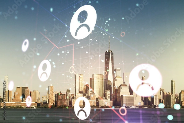 Fototapeta Abstract virtual social network concept on New York city skyline background. Multiexposure