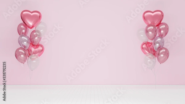 Fototapeta Isolated lovely pink glossy and transparent balloons with clear studio background. Realistic flying balloons 3D render and composition lighting.