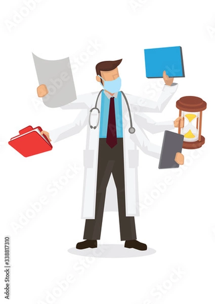 Fototapeta Doctor with multiple hands. Concept of multitasking medical Doctor.