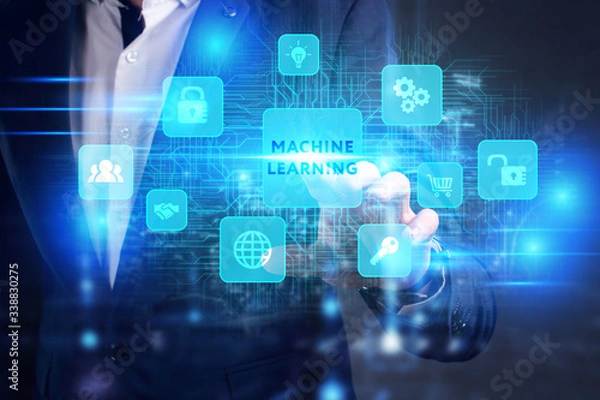 Fototapeta Business, Technology, Internet and network concept. Young businessman working on a virtual screen of the future and sees the inscription: Machine learning