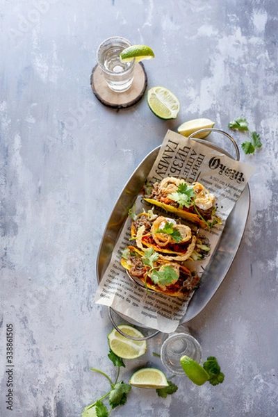 Obraz Mexican meat tacos with tequila shots on stone background