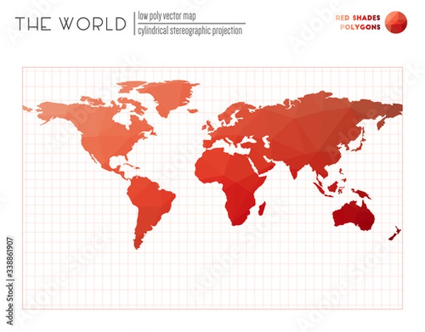Obraz World map in polygonal style. Cylindrical stereographic projection of the world. Red shades colored polygons. Modern vector illustration.