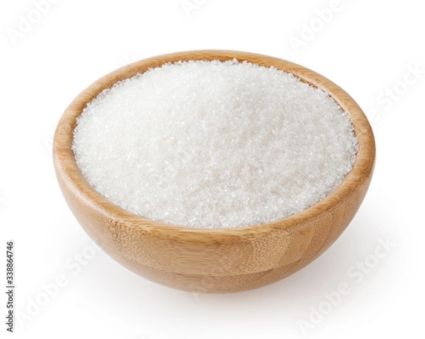 Obraz Granulated white sugar in wooden bowl isolated on white background with clipping path