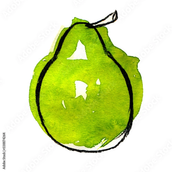 Fototapeta green juicy ripe pear watercolor sketch