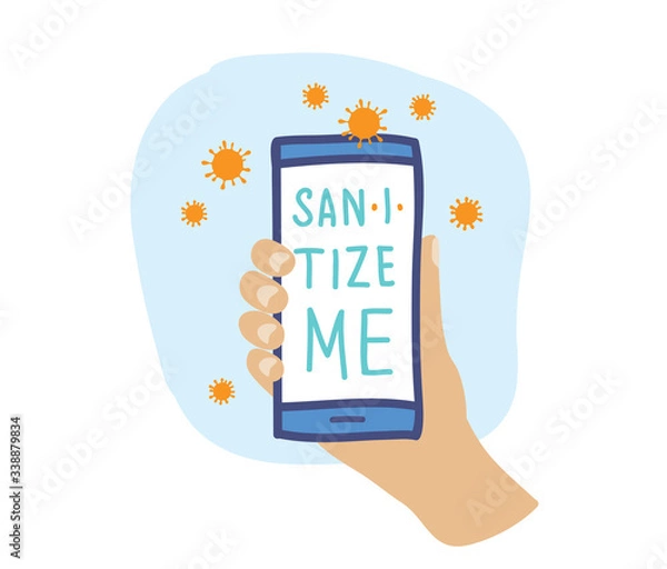 Fototapeta covid19 virus cells on phone with hand holding illustration