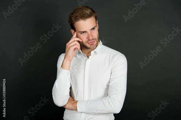 Fototapeta Looking for solution. Solve business problem. Crisis management. Economy problem. Negative effects of unemployment. Personal crisis. Crisis problem. Businessman formal outfit. Confident man thinking