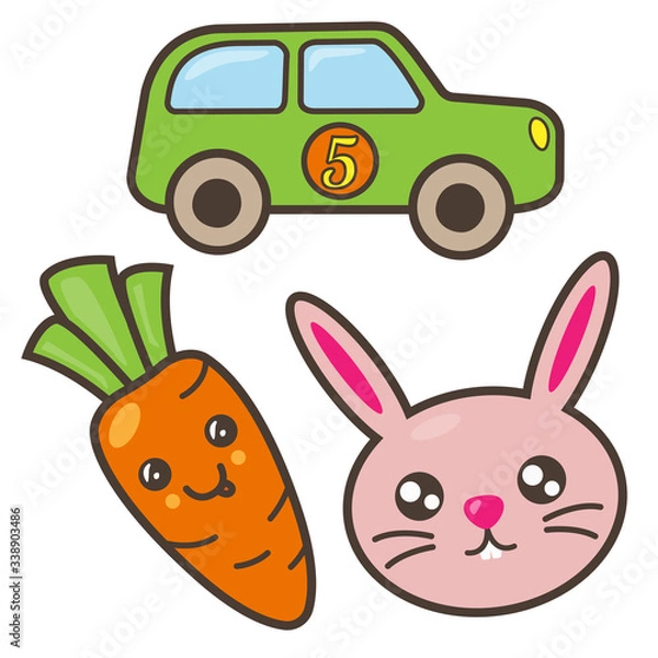 Fototapeta Set of funny pictures: car, 
carrot, rabbit. Kawaii illustration.