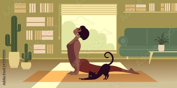 Fototapeta A dark-skinned girl in a snake pose practices yoga at home. Flat graphic vector illustration.