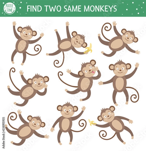 Fototapeta Find two same monkeys. Tropical matching activity for preschool children with cute animals. Funny jungle puzzle for kids. Logical quiz worksheet. Simple summer game for kids.