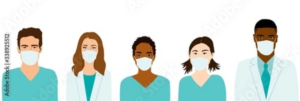 Fototapeta Group of medical professionals wearing protective face masks, doctors and nurses in scrubs. Diverse People Set Line Isolated vector illustration.