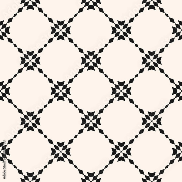 Fototapeta Floral grid seamless pattern. Abstract geometric texture. Simple vector black and white ornament with floral shapes, rhombuses, stars, grid, net, mesh, lattice, tiles. Monochrome repeat design
