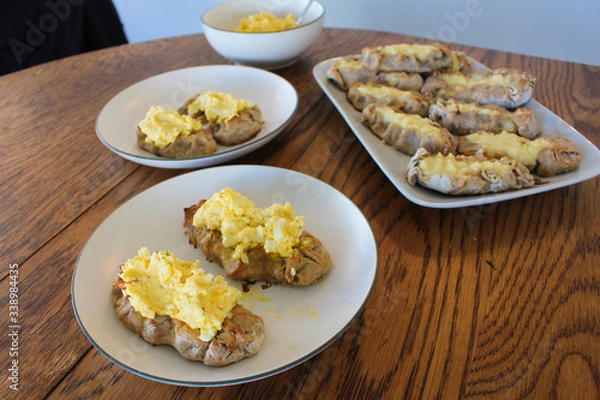 Fototapeta Close up view on freshly baked Karelian Pie with egg butter, a traditional topping to this dish in Finland