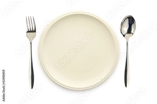 Obraz empty white dish spoon and fork on white background