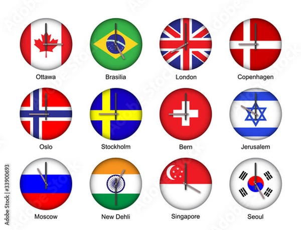 Fototapeta Vector illustration of different time zone clock 02
