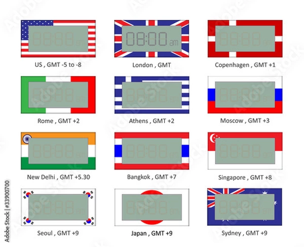 Fototapeta Vector illustration of different time zone digital watch 01