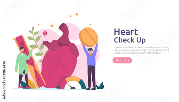 Fototapeta Heart health, disease, cardiology concept with character. hypertension symptoms & cholesterol blood pressure measurement. Medical examination doctor checkup services for healthcare and transplantation