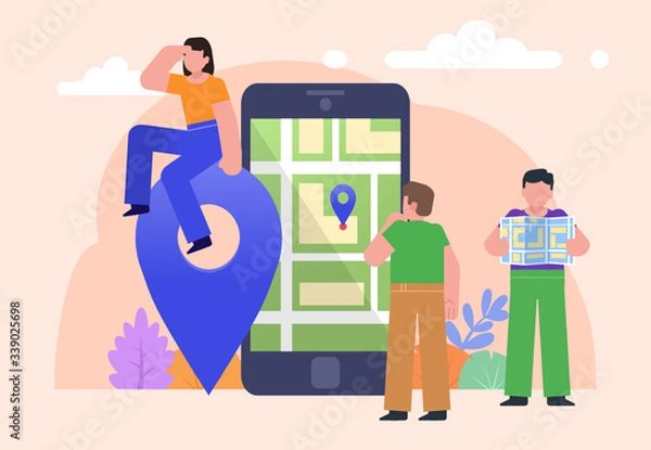 Fototapeta Location pin, map navigation by phone. Group of people stand near big phone with digital map. Poster for social media, web page, banner, presentation. Flat design vector illustration