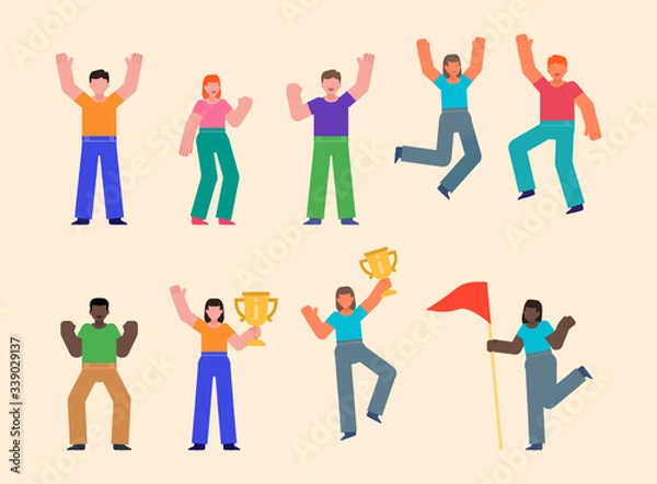 Fototapeta Set of people celebrating victory, jump, pose with golden cup. Win or take first place concept. Flat design vector illustration