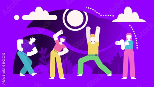 Fototapeta Group of people doing stretching, physical exercises. Poster for social media, web page, banner, presentation. Violet design vector illustration