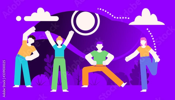 Fototapeta Group of people doing stretching, physical exercises. Poster for social media, web page, banner, presentation. Violet design vector illustration