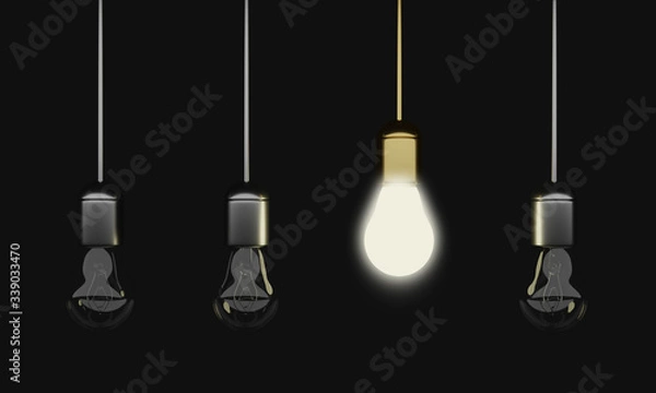 Fototapeta Glowing bulb among unlit others hanging in a row. Inspiration and originality. 3D illustration