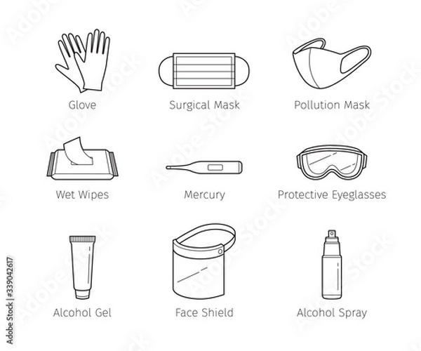 Fototapeta Set Of Protective Equipments For Coronavirus, Covid-19, Objects, Outline Icons, Protection Oneself From Disease