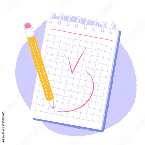 Obraz A notepad for taking notes. The pencil writing note. Mark done. Vector illustration isolated on a white background