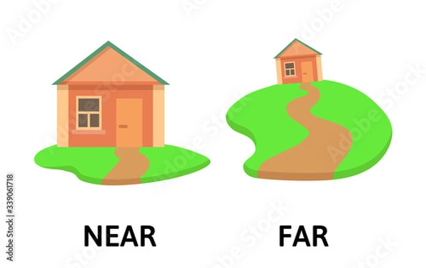 Fototapeta Words far and near opposites flashcard with cartoon house. Opposite adverbs explanation card. Flat vector illustration, isolated on white background.