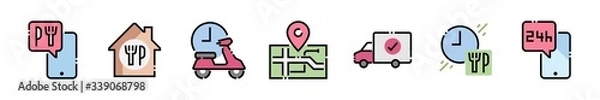 Fototapeta Set of Food Delivery Vector Line Icons. Contains such Icons as Courier on the bike, Contactless Delivery and more. Editable Stroke. 64x64 Pixel Perfect.