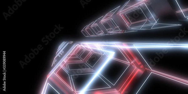 Fototapeta 3D abstract background with neon lights. neon tunnel .space construction . 3d illustration