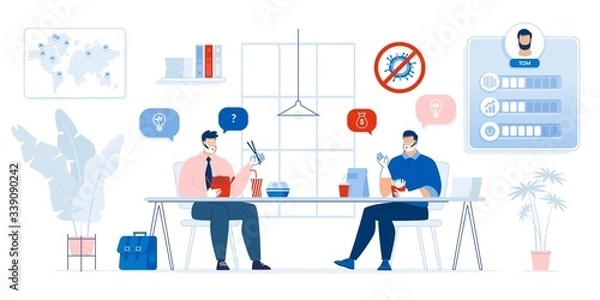 Fototapeta Two Businessman Character in Protective Face Mask, Glove Counting Profit Discussing Money Income, Sharing Idea Eating Fast Food during Lunch Break in Office. Covid19 Outbreak Observation Condition