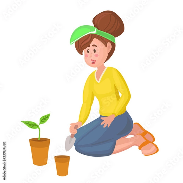 Fototapeta Vector illustration of a woman working in the garden or on the farm. hobbies, lifestyle. flat style.