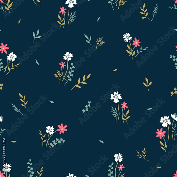 Fototapeta Cute hand drawn floral seamless pattern, lovely flower meadow background, great for spring or summer textiles, banners, wallpaper, wrapping - vector design